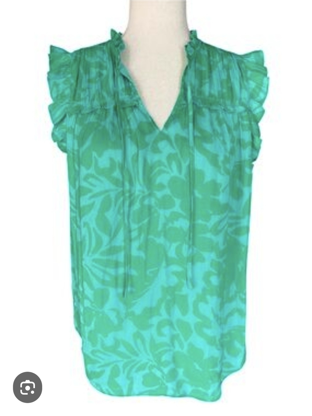 Sleeveless Teal Floral Tie-Neck Blouse with Ruffle Shoulders